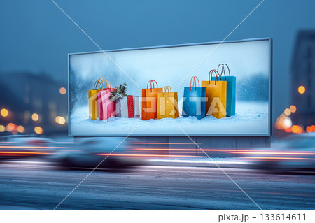 Winter parking lot banner with holiday shopping bags and dynamic car light trails 133614611