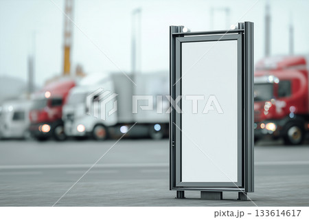 Empty digital kiosk stand in a truck parking lot with blurred background. Empty digital kiosk stand in a truck parking lot with blurred background. 133614617