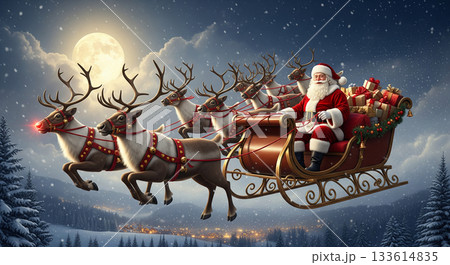 プレゼントを満載し、トナカイに引かれたそりで空を飛ぶサンタクロース プレゼントを満載し、トナカイに引かれたそりで空を飛ぶサンタクロース 133614835