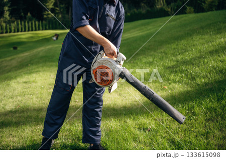 Working by using leaf blower. Professional gardener is on the lawn Working by using leaf blower. Professional gardener is on the lawn 133615098