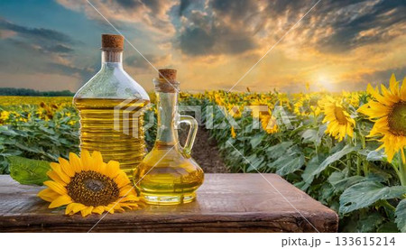 oil and sunflower oil on a wooden table oil and sunflower oil on a wooden table 133615214