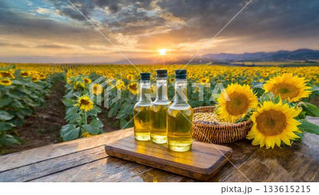 oil of sunflower oil in a field at sunset oil of sunflower oil in a field at sunset 133615215
