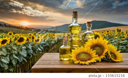 oil bottle on sunflower field oil bottle on sunflower field 133615216