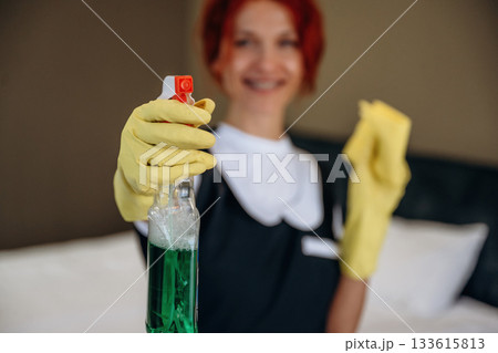 Ready to clean the place. Maid is working in modern hotel room Ready to clean the place. Maid is working in modern hotel room 133615813