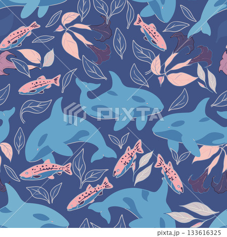 Seamless pattern with killer whales. Orca vector background. Vector illustration. Perfect for fabric, apparel, and packaging. 133616325