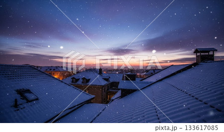 Snow Covered Rooftops at Dusk with Falling Snow and a Colorful Sky Snow Covered Rooftops at Dusk with Falling Snow and a Colorful Sky 133617085
