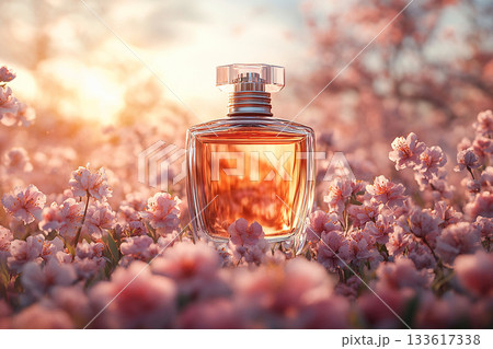 Luxurious perfume bottle glistening positioned on a flowers spring background. Showcasing high-end fragrance products in marketing and advertising campaigns. 133617338