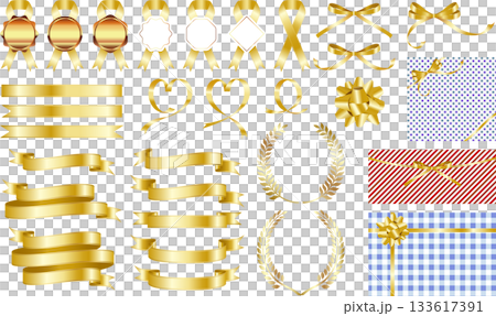 金獎瑤帶和禮品包裝材料套裝，包括月桂花環和星形蝴蝶結 133617391