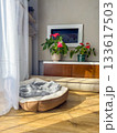 Soft pet bed in a sunny home corner with wooden floor, indoor plants, and natural light. 133617503