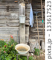 Rustic outdoor washing area with metal basins, wooden wall, garden tools, and blooming flowers. 133617523