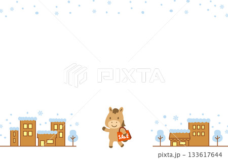 雪の街でお買い物する馬キャラのフレーム 133617644
