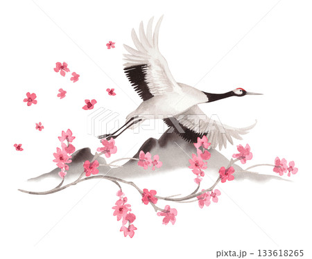 Flyind japanese red crown crane with the mountains and sakura flowers on background. Watercolor handmade illustration. For fabric, wallpaper, greeting cards, design, decoration and illustration. Flyind japanese red crown crane with the mountains and sakura flowers on background. Watercolor handmade illustration. For fabric, wallpaper, greeting cards, design, decoration and illustration. 133618265