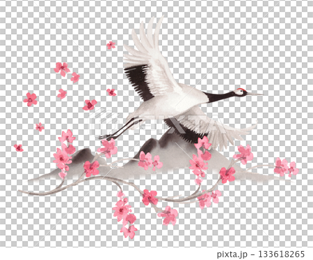 Flyind japanese red crown crane with the mountains and sakura flowers on background. Watercolor handmade illustration. For fabric, wallpaper, greeting cards, design, decoration and illustration. Flyind japanese red crown crane with the mountains and sakura flowers on background. Watercolor handmade illustration. For fabric, wallpaper, greeting cards, design, decoration and illustration. 133618265