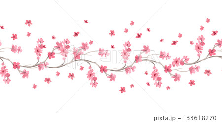 Seamless border of blooming sakura. Watercolor handmade illustration. For fabric, wallpaper, greeting cards, design, decoration and illustration. 133618270