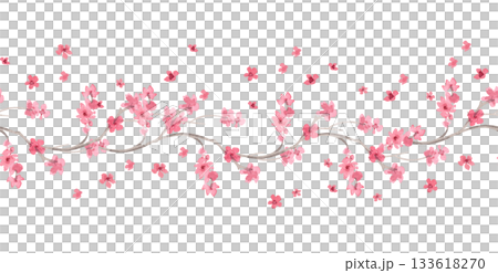 Seamless border of blooming sakura. Watercolor handmade illustration. For fabric, wallpaper, greeting cards, design, decoration and illustration. 133618270
