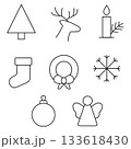 Christmas Line Art Icon Set, Minimal Holiday Outline Symbols, Tree, Reindeer, Wreath, Candle, Snowflake, Angel, Bauble, Stocking. Vector illustration 133618430