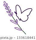 Lavender and Butterfly Line Art, Elegant Floral Botanical Illustration. Vector illustration 133618441