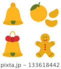 Christmas bell, orange and gingerbread set, festive New Year elements, cozy holiday illustration. Vector illustration 133618442