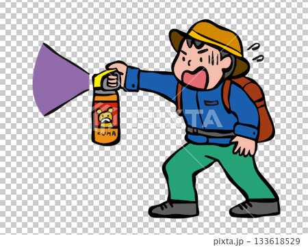 A person spraying bear repellent. A bear. A person spraying bear repellent. A bear. 133618529