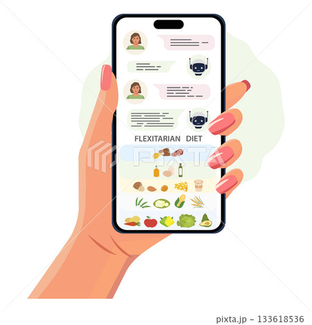 Flexitarian diet app interface on smartphone displaying healthy food options and conversation Flexitarian diet app interface on smartphone displaying healthy food options and conversation 133618536