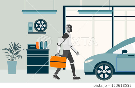 Mechanic robot walking with toolbox in automotive workshop with car and tools in background Mechanic robot walking with toolbox in automotive workshop with car and tools in background 133618555