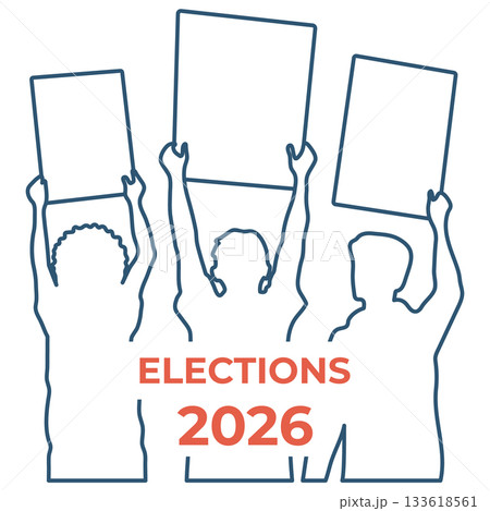 Elections 2026 concept with three silhouetted figures holding blank protest signs, isolated background Elections 2026 concept with three silhouetted figures holding blank protest signs, isolated background 133618561