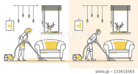 Human and robot vacuuming modern living room in minimalistic style, showcasing automation concept 133618563