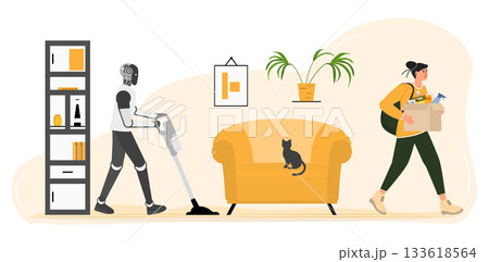 Robot vacuuming modern living room as woman carries groceries; concept of future household Robot vacuuming modern living room as woman carries groceries; concept of future household 133618564
