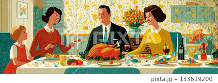 A joyful family enjoys a traditional Christmas dinner in a retro kitchen, banner 133619200