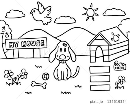 Hand drawn vector outlines of scenery background with puppy, dog house, pet food, bone, ball, bird, mountain, MY HOUSE wood sign, mountain, green grass, sun cloud, blue sky for wallpaper, house 133619334