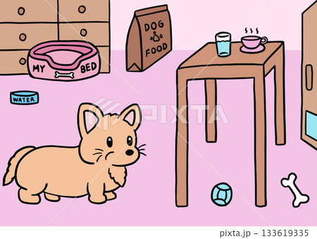 Cute hand drawn vector illustrations of living room with puppy, drawer, dog bed, water bowl, dog food bag, bone, ball, table, water glass, tea cup, door for home decor, house tour, room design, pet 133619335
