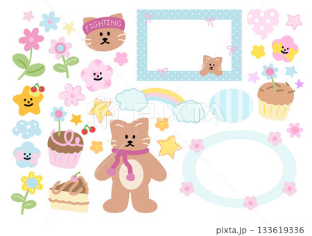 Cute pastel decorations of cat, winter scarf, sport headband, polka dot frame, cupcake, flowers, star, rainbow, heart for animal, sticker, cartoon characters, mascot, sport, festive icon, happy moment 133619336
