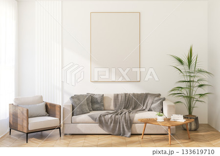 3D Render of White A4 Frame Mockup on Light Interior Wall 3D Render of White A4 Frame Mockup on Light Interior Wall 133619710