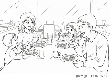 家族で会食をしている線画　塗り絵 133619765