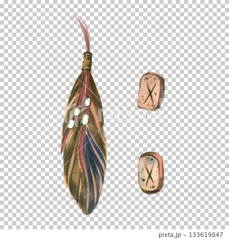 A set of watercolor illustrations, beads and feathers, jewelry of the Indians of America. All objects are hand-painted in watercolor. For store design, product packaging, and publication in magazines. A set of watercolor illustrations, beads and feathers, jewelry of the Indians of America. All objects are hand-painted in watercolor. For store design, product packaging, and publication in magazines. 133619847