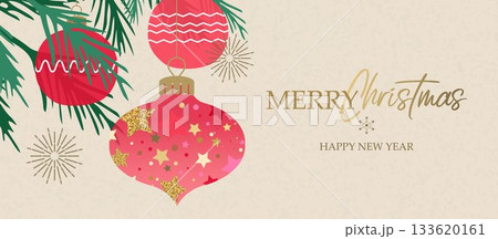 Christmas banner, card, poster, cover, and background. Modern, vibrant Christmas design with textured Christmas ornaments for seasonal greetings and prints Christmas banner, card, poster, cover, and background. Modern, vibrant Christmas design with textured Christmas ornaments for seasonal greetings and prints 133620161