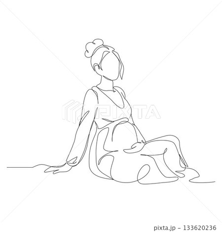 A continuous one-line illustration of a pregnant woman sitting peacefully on the floor, holding her baby bump. 133620236