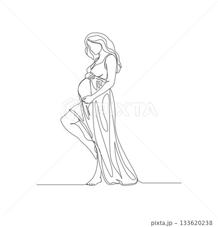 A continuous one-line illustration of a pregnant woman standing elegantly, holding her baby bump A continuous one-line illustration of a pregnant woman standing elegantly, holding her baby bump 133620238