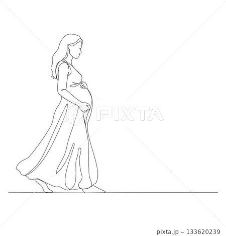 A continuous one-line illustration of a pregnant woman walking, holding her belly 133620239