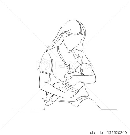 A continuous one-line illustration of a mother figure holding and breastfeeding her newborn baby A continuous one-line illustration of a mother figure holding and breastfeeding her newborn baby 133620240