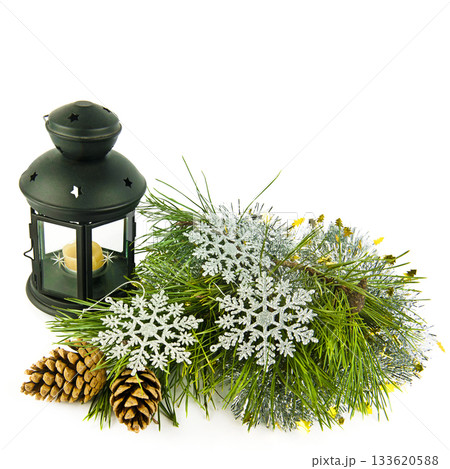 Christmas Lantern and Pine Arrangement on White Christmas Lantern and Pine Arrangement on White 133620588