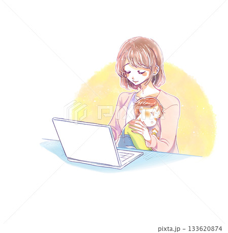 子供を抱きながらノートパソコンを操作する女性 笑顔 子供を抱きながらノートパソコンを操作する女性 笑顔 133620874