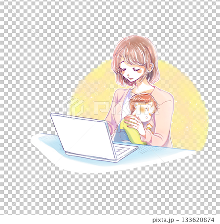 子供を抱きながらノートパソコンを操作する女性 笑顔 子供を抱きながらノートパソコンを操作する女性 笑顔 133620874