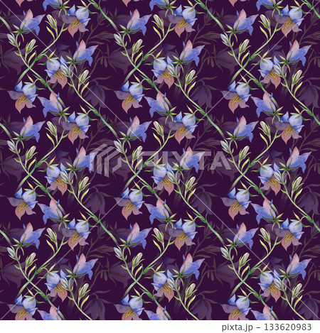 Beautiful seamless pattern with blue wildflowers. Watercolor botanical illustration with bluebells on a dark background. Seamless floral background for wallpaper, textiles and tableware. Beautiful seamless pattern with blue wildflowers. Watercolor botanical illustration with bluebells on a dark background. Seamless floral background for wallpaper, textiles and tableware. 133620983