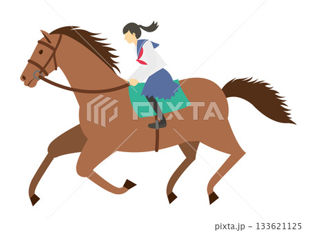 茶色い馬に乗るセーラ服を着た女子学生 茶色い馬に乗るセーラ服を着た女子学生 133621125