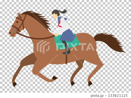 A female student in a sailor suit riding a brown horse A female student in a sailor suit riding a brown horse 133621125