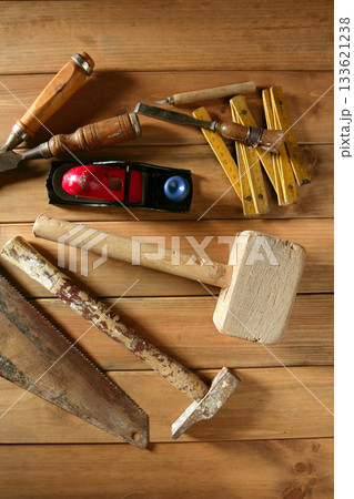 carpenter tools saw hammer wood tape plane gouge carpenter tools saw hammer wood tape plane gouge 133621238