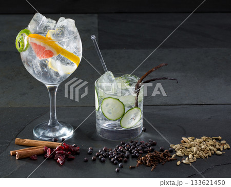 Gin tonic cocktails with lima cucumber and grapefruit 133621450