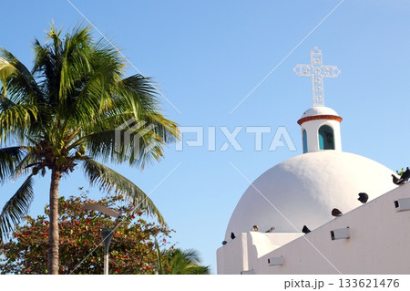 Playa del Carmen white Mexican church archs belfry 133621476