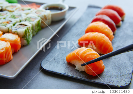 Sushi Maki and Niguiri soy sauce and wasabi 133621480